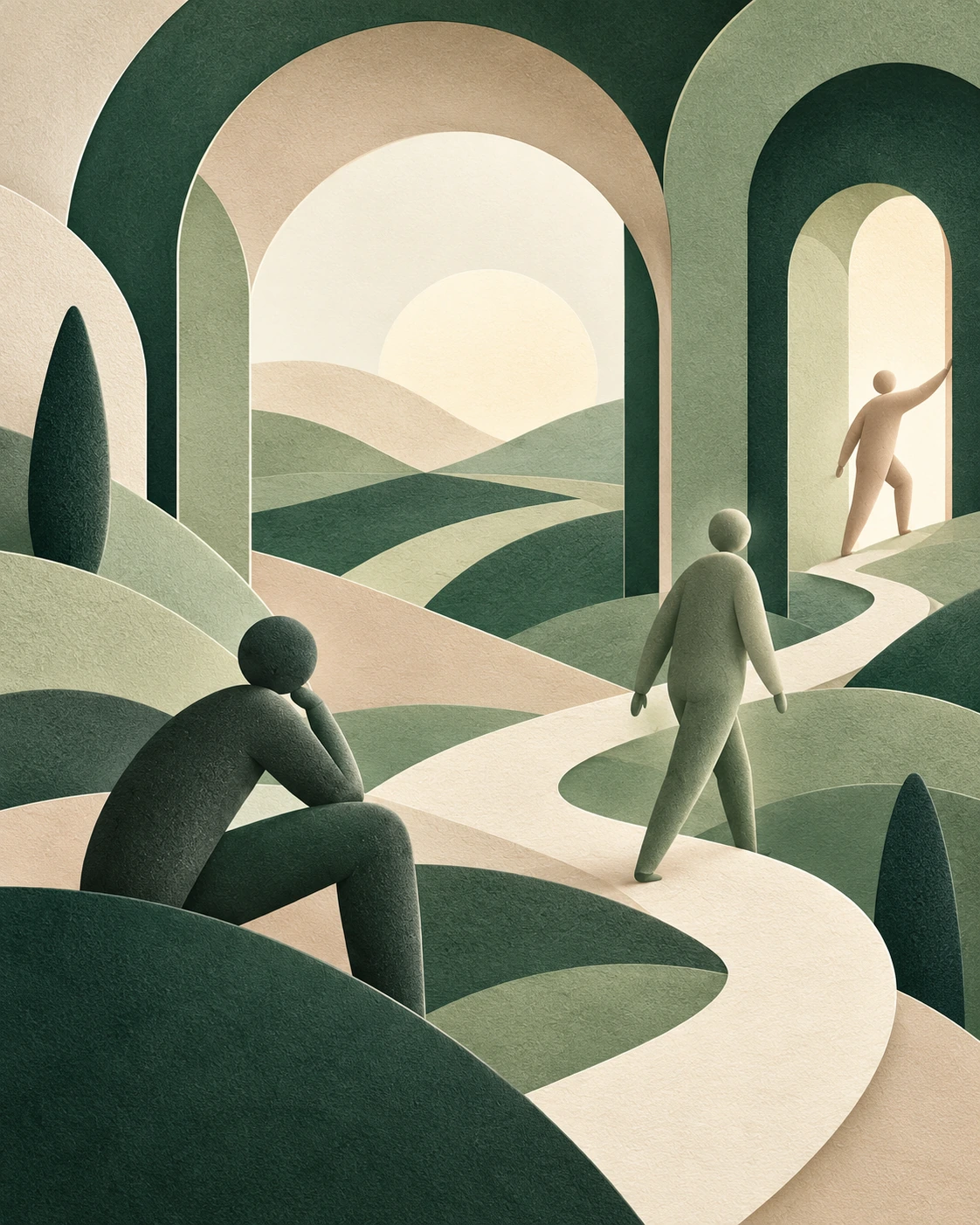 People exploring a landscape of layered arches and winding paths, representing new perspectives and shared progress